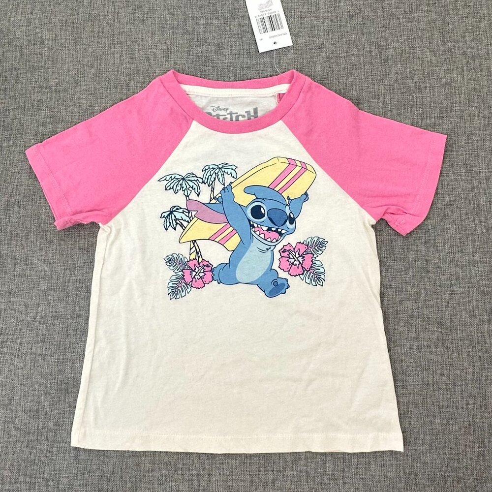 NEW! Girls‎ Disney Stitch Shirt XS 6/6X Cotton Blend Short Sleeve Pink off White